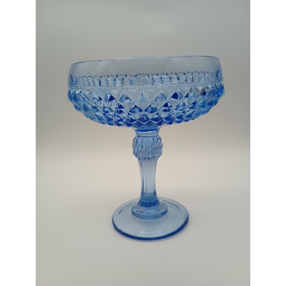 Vintage Blue Diamond Point Glass Compote 7.5 Inches Tall | Indiana Glass Company - Picture 6 of 6